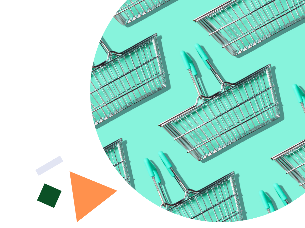 Decorative image of empty shopping baskets on decorative blue background