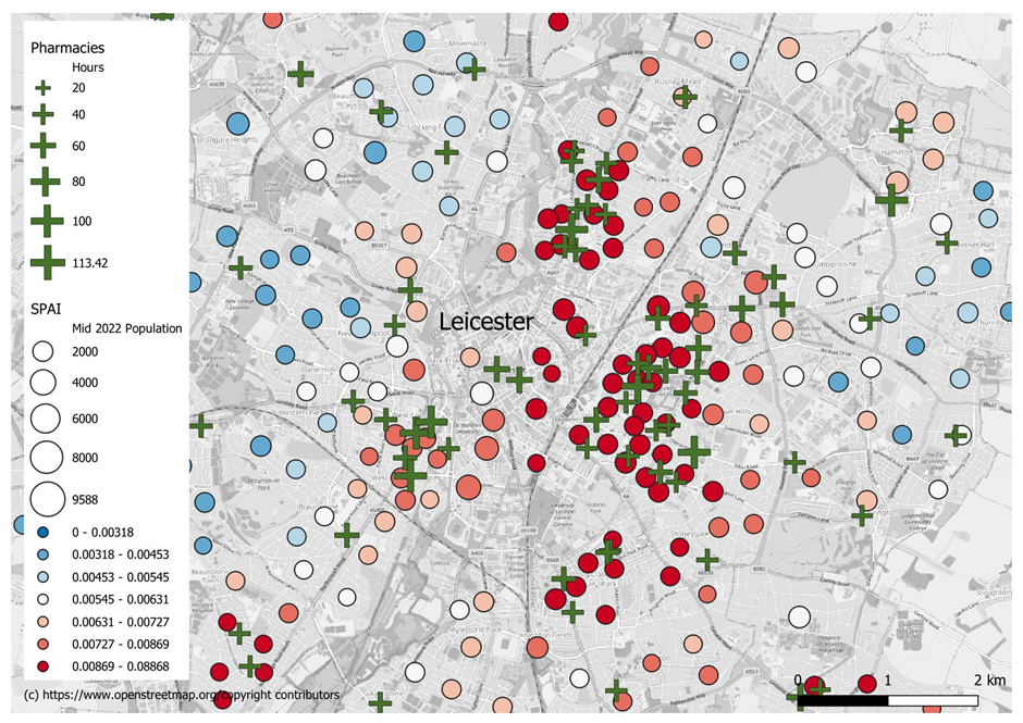 Map of Leicester showing that there is good accessibility to community pharmacies in the city centre and towards the west of the centre. The more rural locations in the north west have comparatively poorer accessibility. The railway line running north to south through the city acts as a barrier, preventing people from using alternative pharmacies either side, though the high provision of pharmacies, especially to the east of the railway line, limits the impact on accessibility scores in many neighbourhoods.