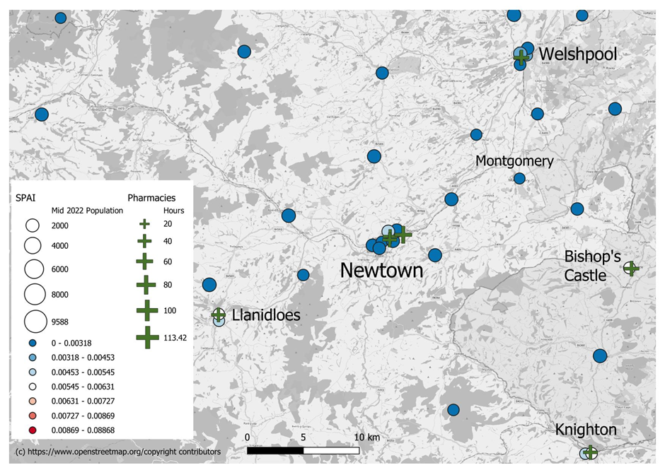 Map of Newtown (Wales) showing that it is served by three pharmacies. However there are a number of smaller villages around Newtown without any pharmacies, thus there is extra demand placed on these three pharmacies in order to serve these wider communities.