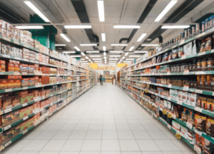 Blurred image of supermarket shelves containing food items