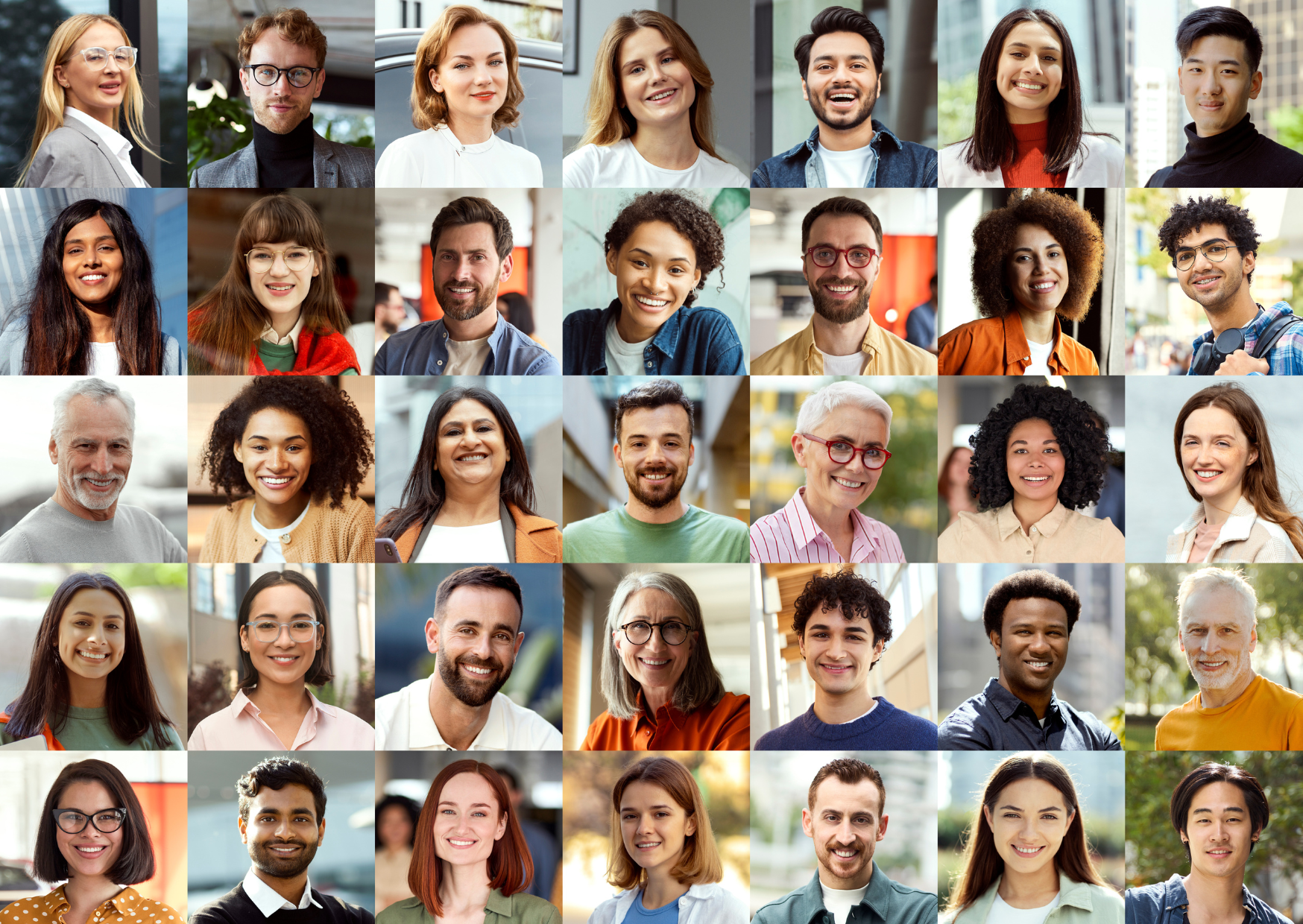 Diverse mix of people all looking at camera.  Each person has a different background