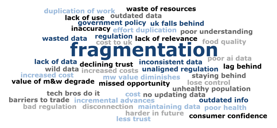 Word cloud with responses to the question: What are the risks of doing nothing, maintaining status quo?

Top words include fragmentation, inconsistent data, missed opportunity, unaligned regulation, and UK falls behind