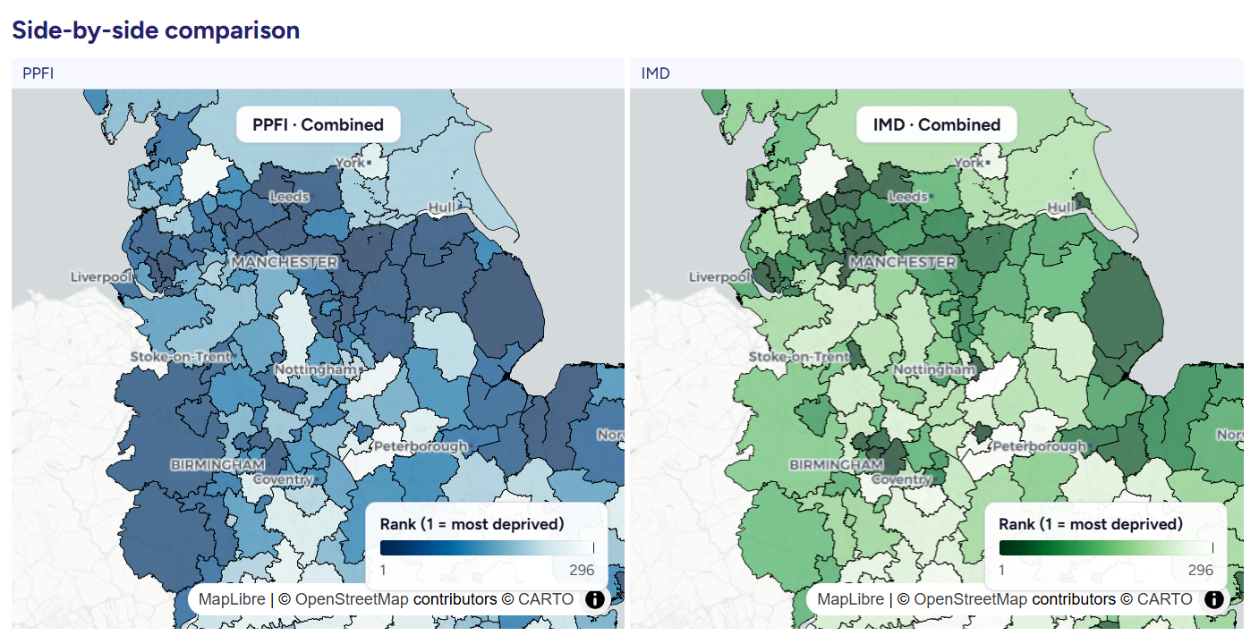 Side by side comparison maps of the Priority Places for Food Index and the Index of Multiple Deprivation