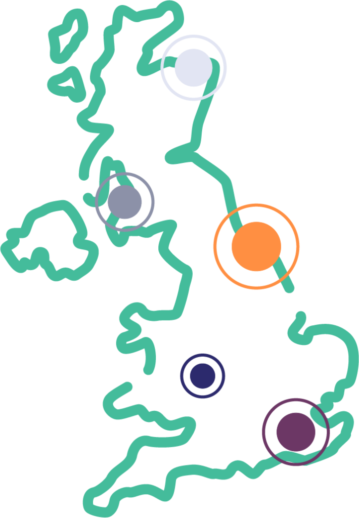 outline of united kingdom with dots at random to indicate 'places'