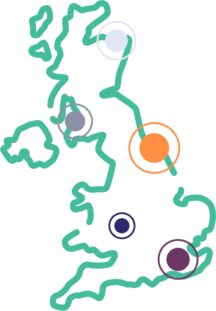 outline of united kingdom with dots at random to indicate 'places'